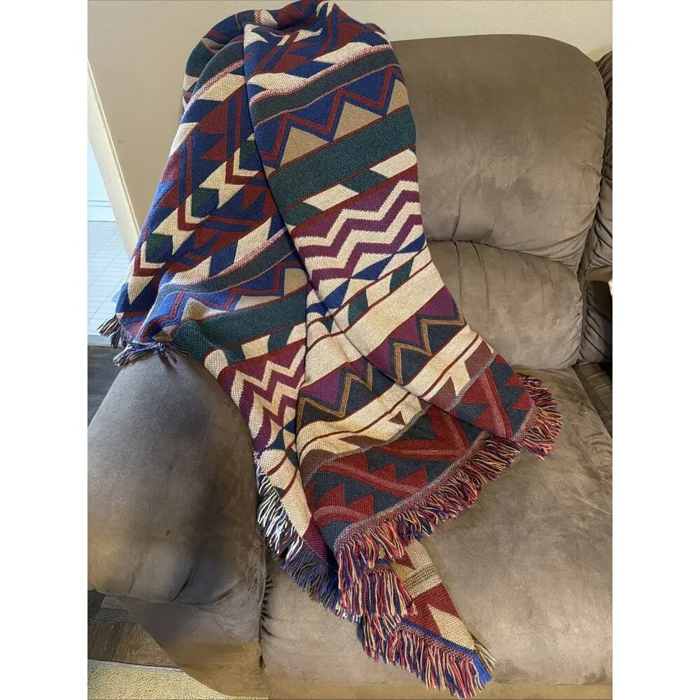 Vintage Tapestry Throw Blanket 1990s Southwestern Fringe Woven Western Red Aztec